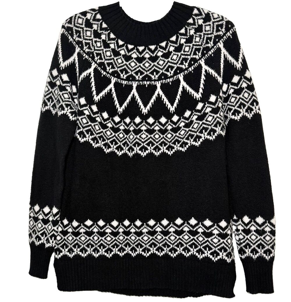 LOFT Women’s Medium Black Ivory Fair Isle Nordic Crewneck Sweater